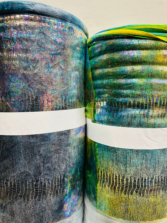 New Alligator design on metallic stretch velvet with foil 4-way stretch 58/60”