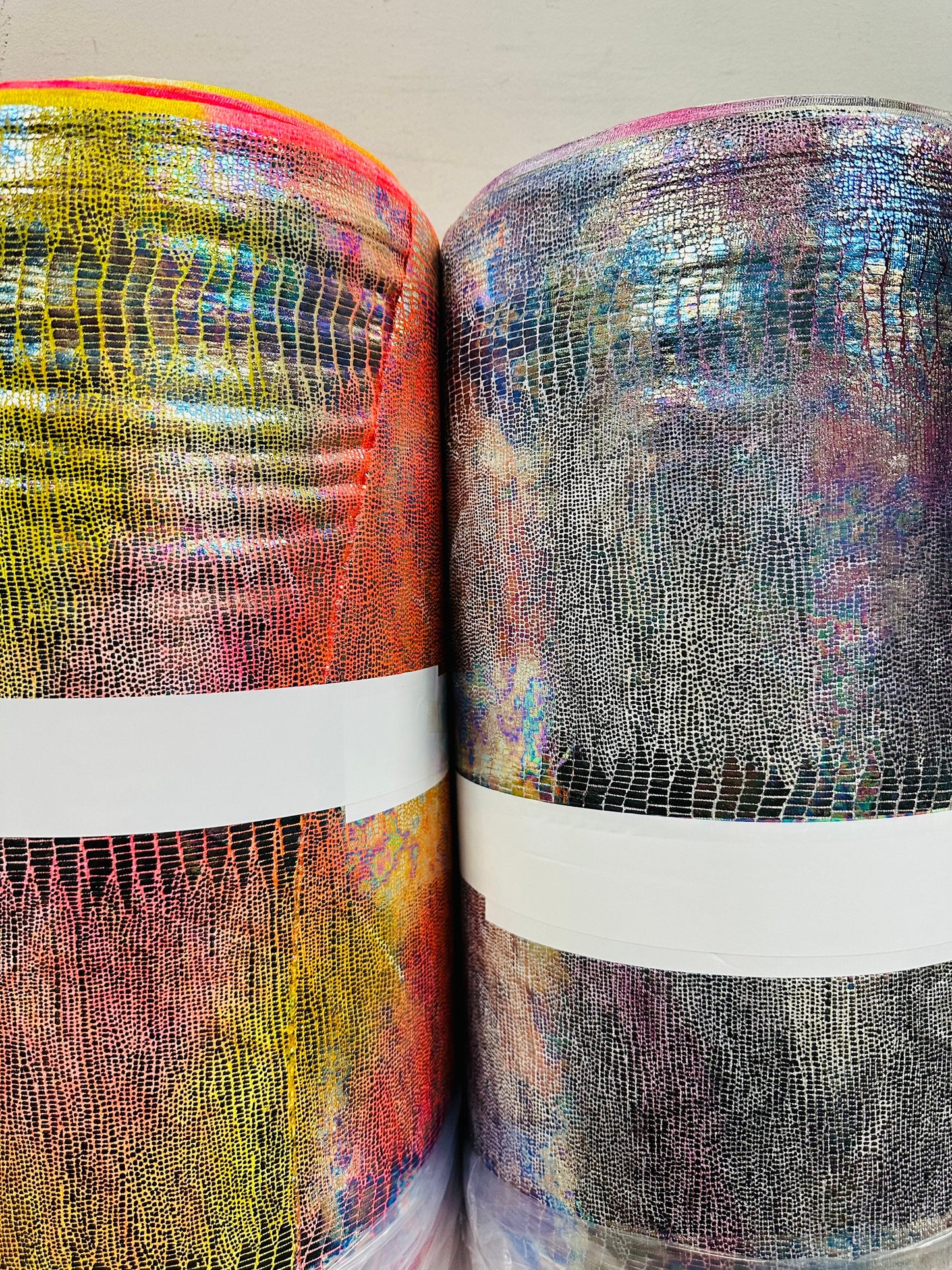 New Alligator design on metallic stretch velvet with foil 4-way stretch 58/60”