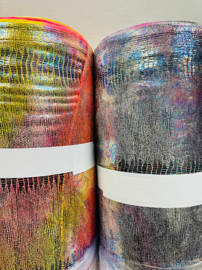 New Alligator design on metallic stretch velvet with foil 4-way stretch 58/60”