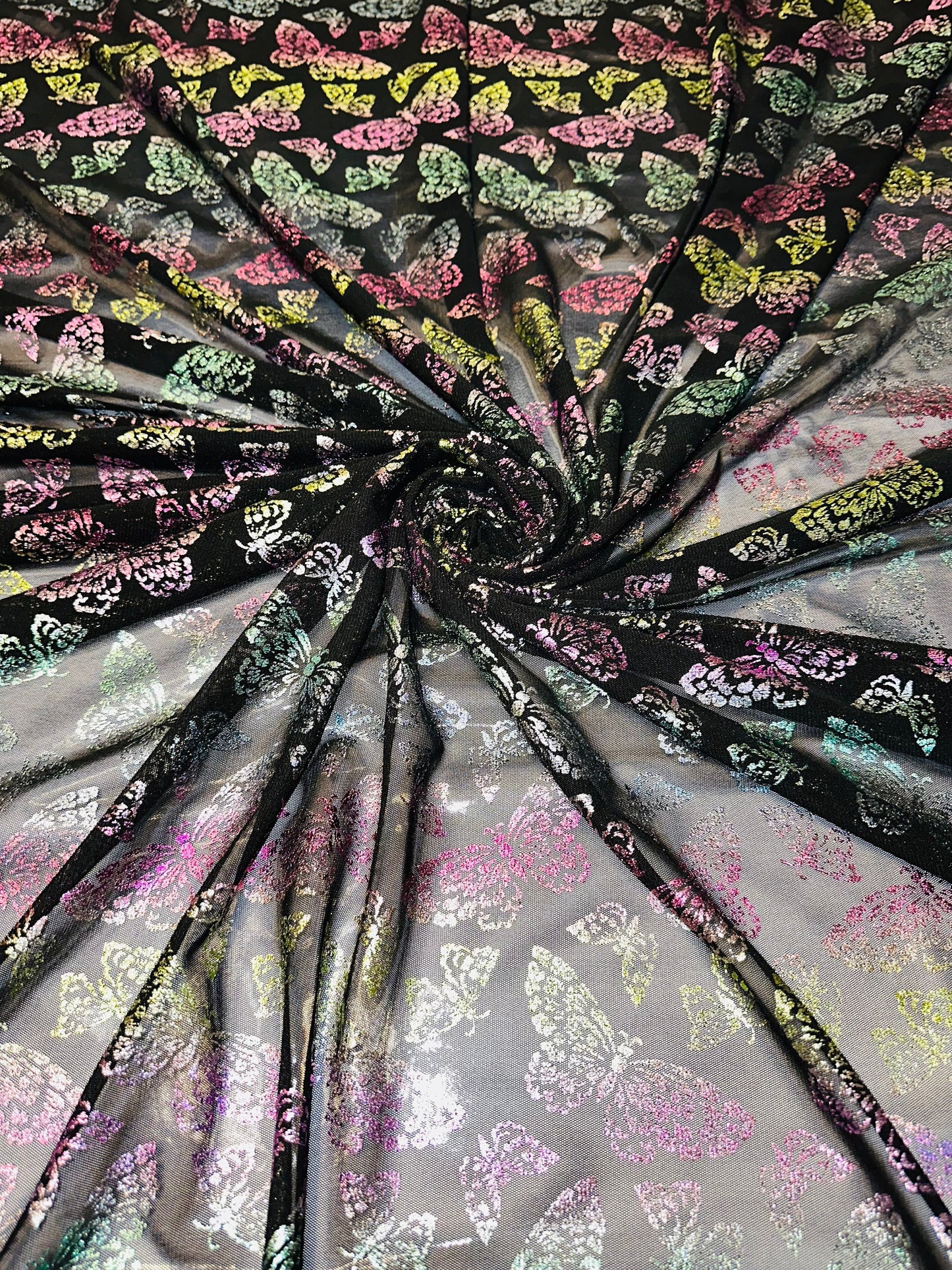 New Luxury Butterfly design rainbow pink on power mesh with foil 4-way stretch 58/60”
