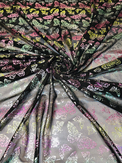New Luxury Butterfly design rainbow pink on power mesh with foil 4-way stretch 58/60”