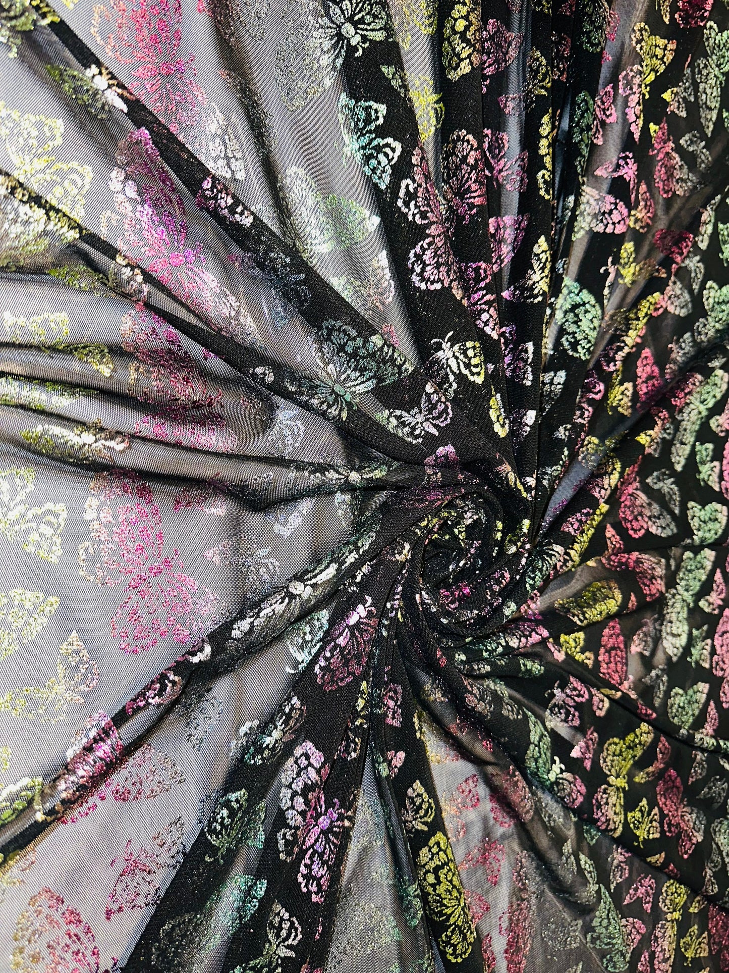 New Luxury Butterfly design rainbow pink on power mesh with foil 4-way stretch 58/60”