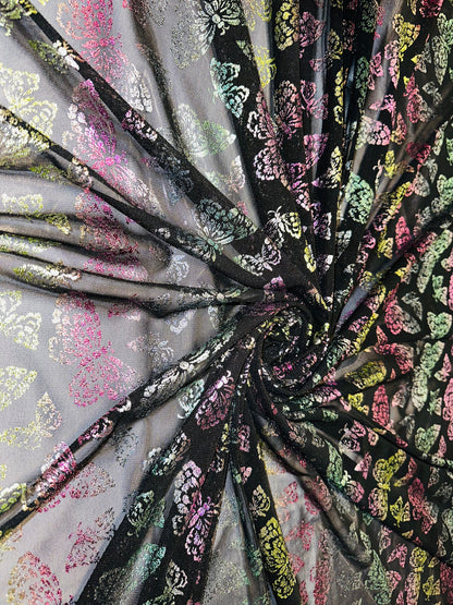 New Luxury Butterfly design rainbow pink on power mesh with foil 4-way stretch 58/60”