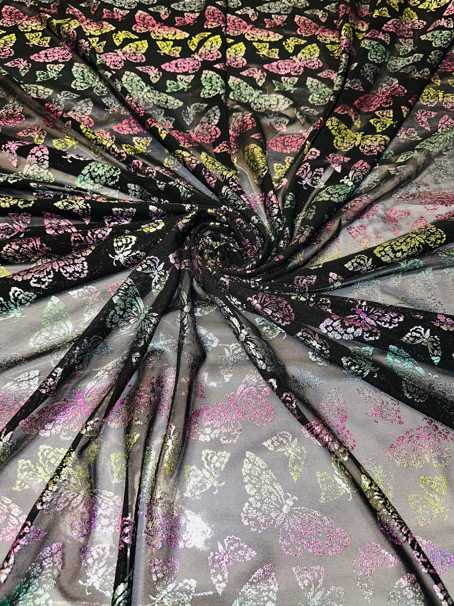New Luxury Butterfly design rainbow pink on power mesh with foil 4-way stretch 58/60”