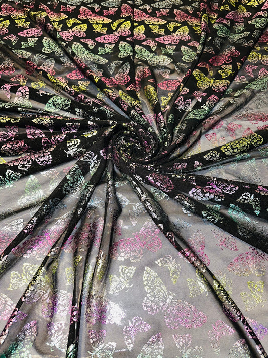 New Luxury Butterfly design rainbow pink on power mesh with foil 4-way stretch 58/60”