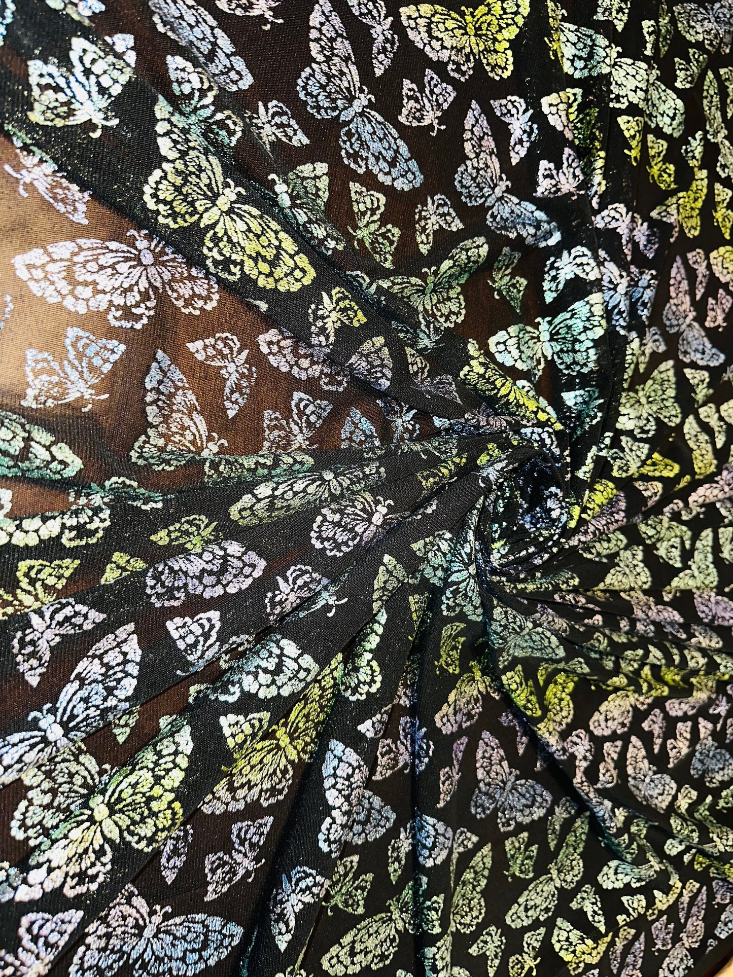 New Luxury Butterfly design Green rainbow pink on power mesh with foil 4-way stretch 58/60”