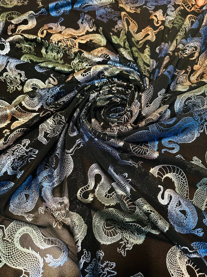 Exotic Dragon design metallic power mesh 4-way stretch 58/60” Sold by the YD. High quality fabrics by AlexLAFabrics