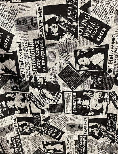 New Fashion News paper design print on great quality of poly spandex 4-way stretch medium weight 58/60” Sold by the YD.