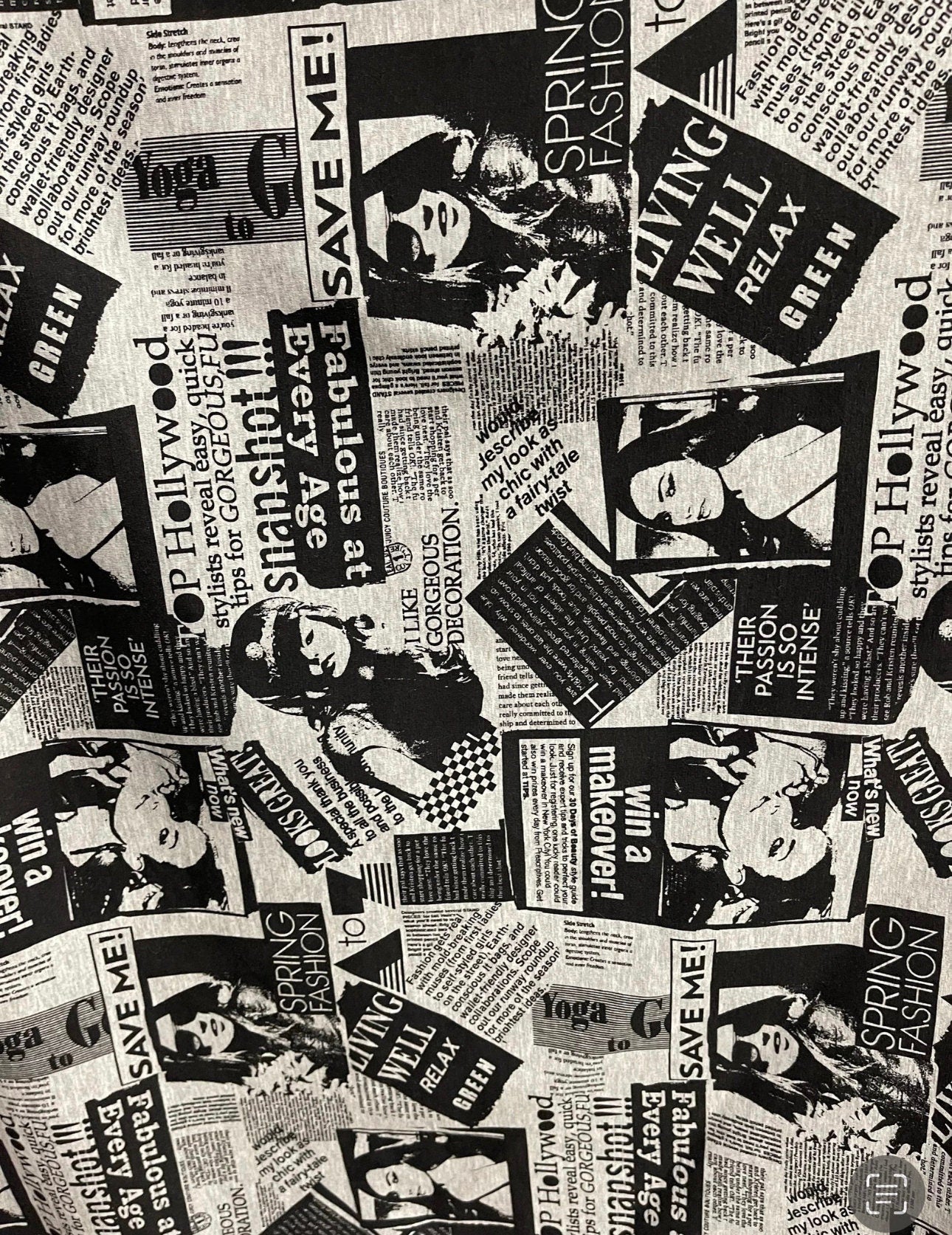New Fashion Newspaper design print on great quality of poly spandex 4-way stretch medium weight 58/60” Sold by the YD.