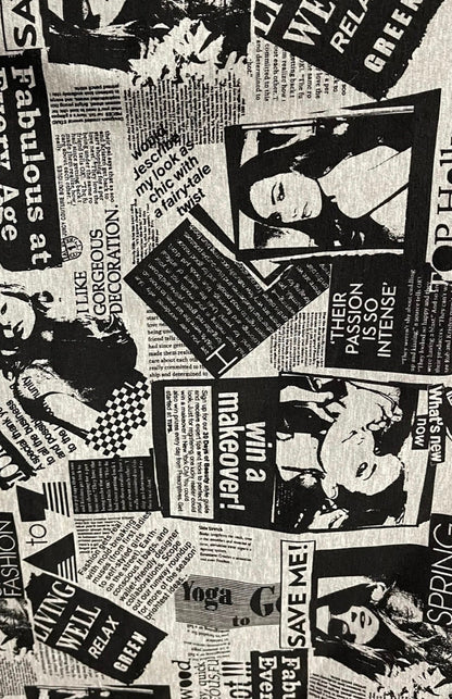 New Fashion News paper design print on great quality of poly spandex 4-way stretch medium weight 58/60” Sold by the YD.