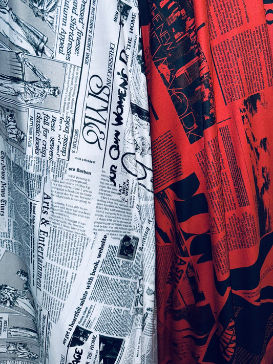 New Fashion News paper design print on great quality of poly spandex 4-way stretch medium weight 58/60” Sold by the YD.