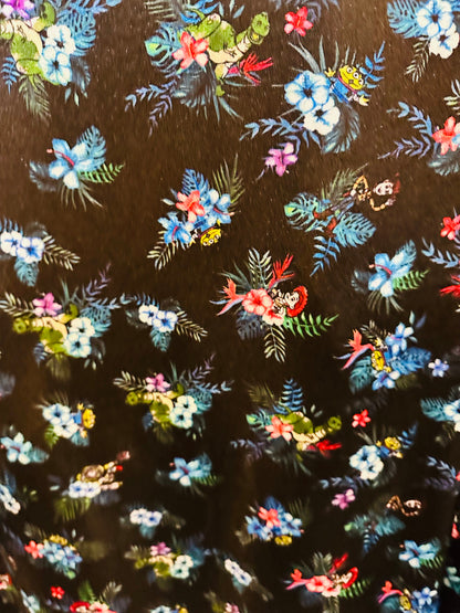 New floral design with dinosaur print on great quality of nylon spandex;-way stretch 58/60”