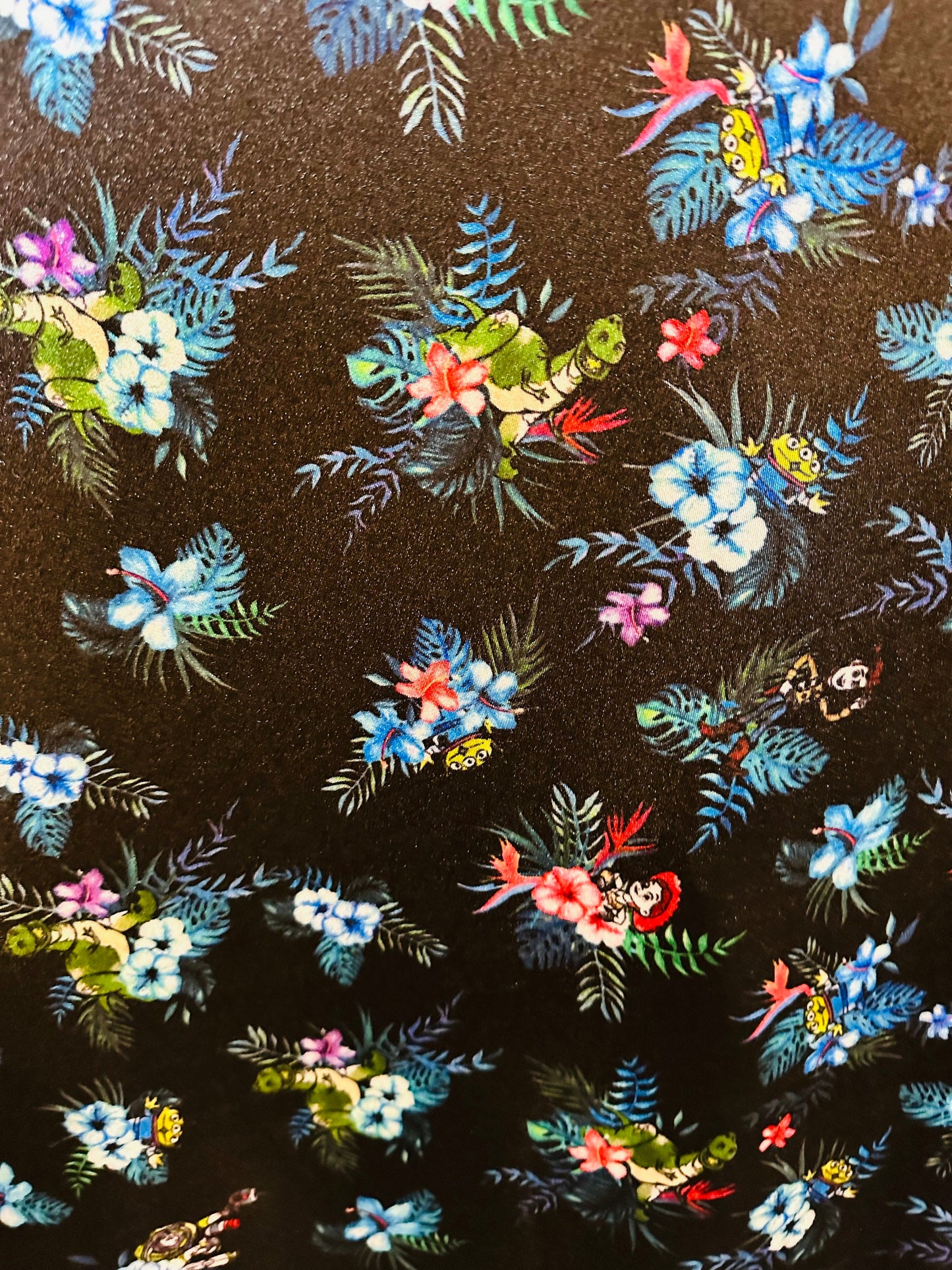 New floral design with dinosaur print on great quality of nylon spandex;-way stretch 58/60”