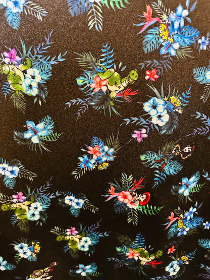 New floral design with dinosaur print on great quality of nylon spandex;-way stretch 58/60”