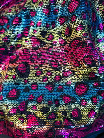 New Exotic Leopard design print on spandex sequins 2-way stretch 58/60” Sold by the YD. Ships worldwide from Los Angeles California USA