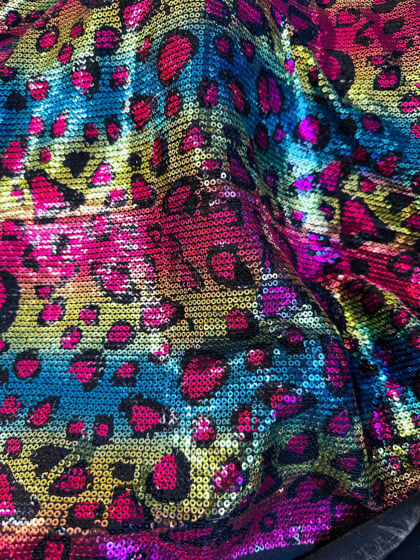 New Exotic Leopard design print on spandex sequins 2-way stretch 58/60” Sold by the YD. Ships worldwide from Los Angeles California USA