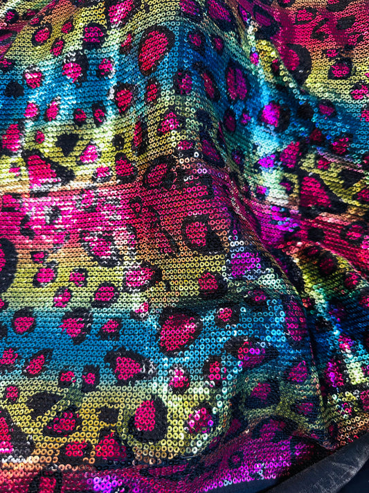 New Exotic Leopard design print on spandex sequins 2-way stretch 58/60” Sold by the YD. Ships worldwide from Los Angeles California USA