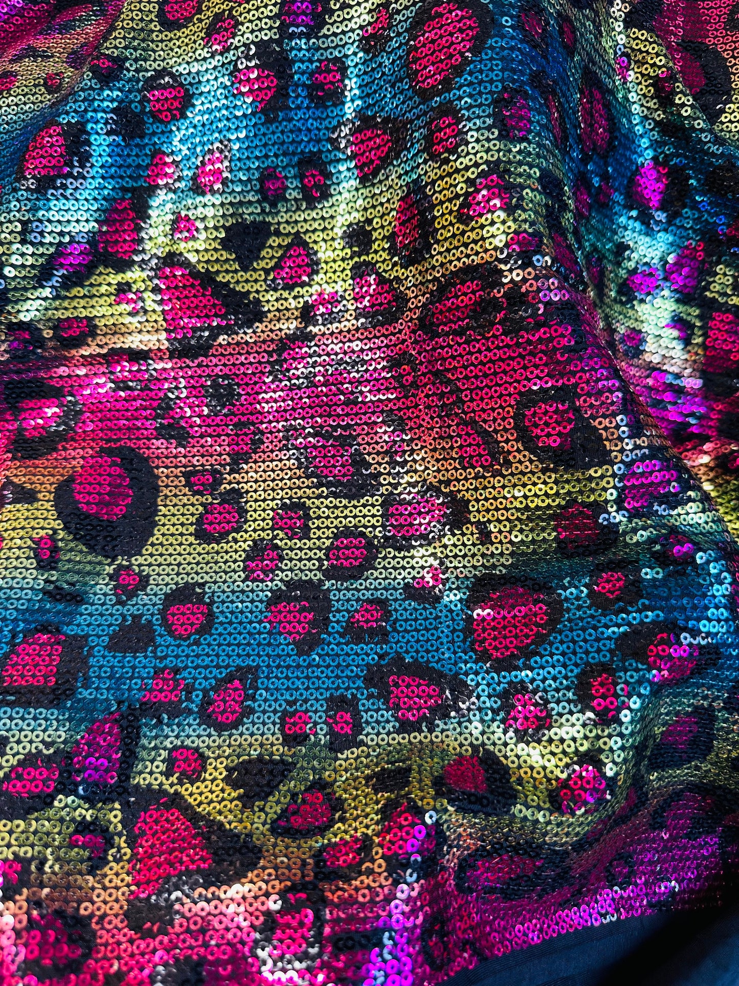 New Exotic Leopard design print on spandex sequins 2-way stretch 58/60” Sold by the YD. Ships worldwide from Los Angeles California USA