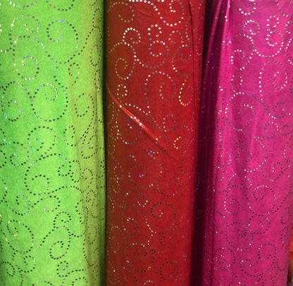 Swirl design hologram metallic nylon spandex with foggy foil 4-way stretch 58/60”
