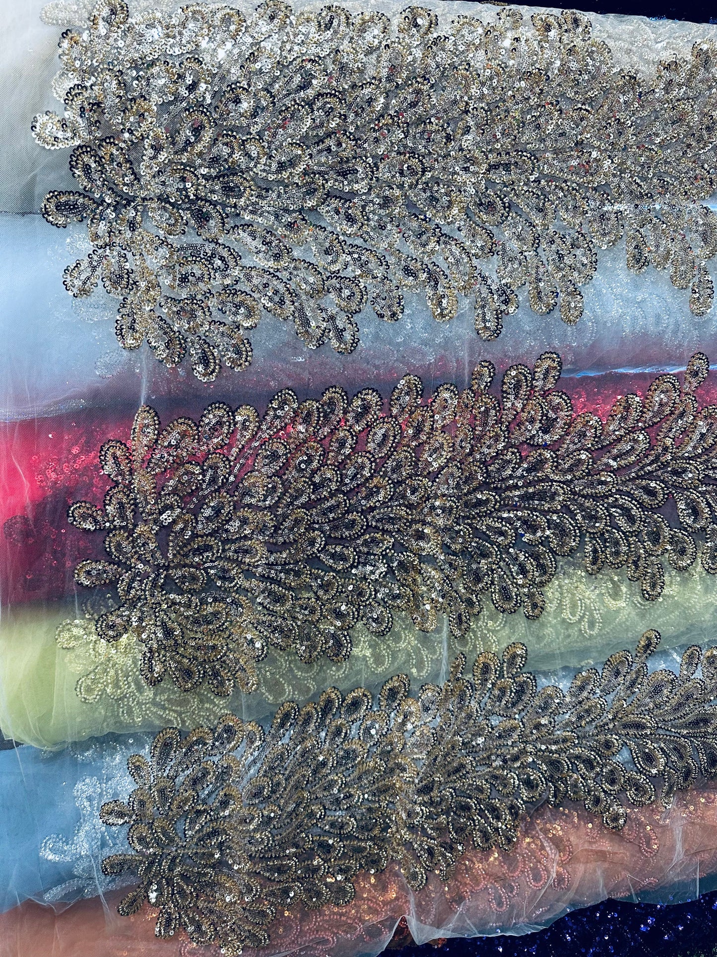 Peacock Beverly Hills design luxury beaded lace 2-way stretch 55/55” High quality fabrics by AlexLAFabrics