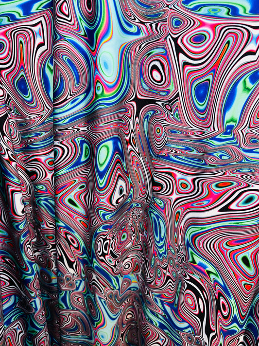 Spandex fabric Modern Lava design blue multicolor print on great quality of nylon spandex 4-way stretch 58/60”