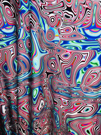 Spandex fabric Modern Lava design blue multicolor print on great quality of nylon spandex 4-way stretch 58/60”