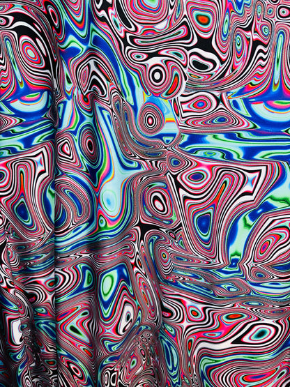 Spandex fabric Modern Lava design blue multicolor print on great quality of nylon spandex 4-way stretch 58/60”