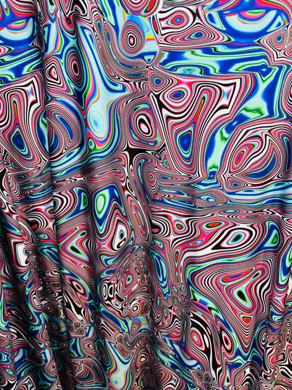 Spandex fabric Modern Lava design blue multicolor print on great quality of nylon spandex 4-way stretch 58/60”