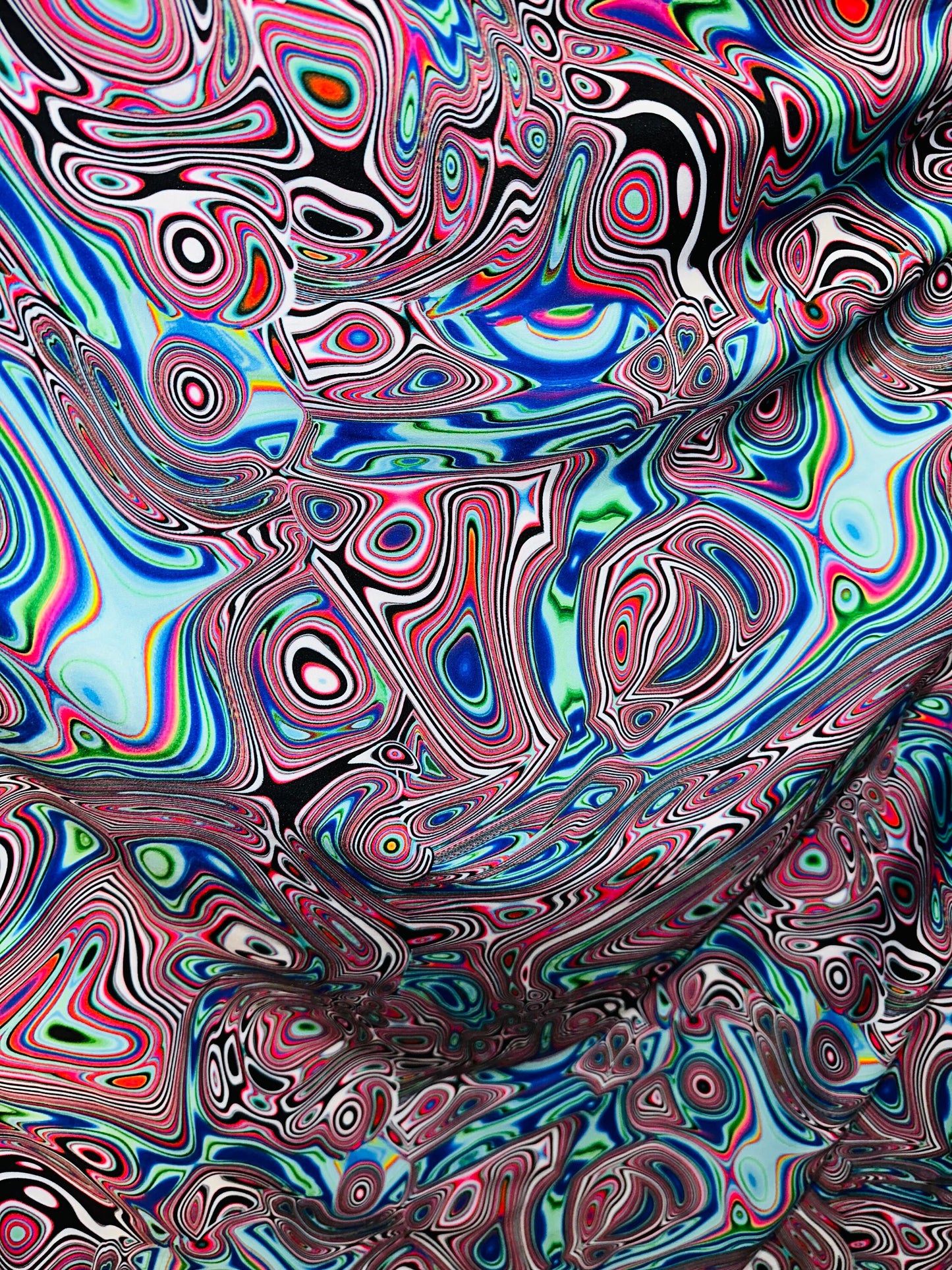Spandex fabric Modern Lava design blue multicolor print on great quality of nylon spandex 4-way stretch 58/60”