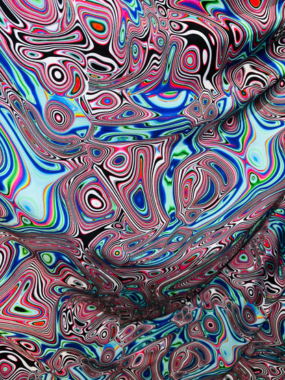 Spandex fabric Modern Lava design blue multicolor print on great quality of nylon spandex 4-way stretch 58/60”