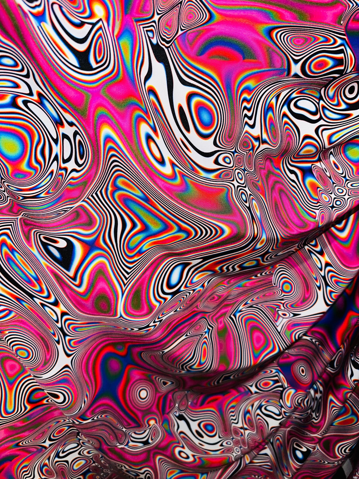 Spandex fabric Modern Lava design Pink multicolor print on great quality of nylon spandex 4-way stretch 58/60”