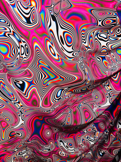 Spandex fabric Modern Lava design Pink multicolor print on great quality of nylon spandex 4-way stretch 58/60”