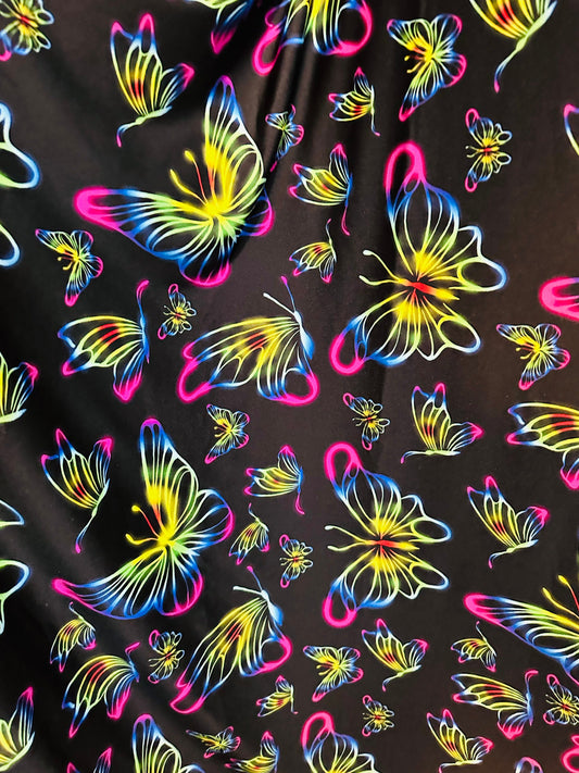 New Rainbow Butterfly design print on great quality of poly spandex 4-way stretch 58/60” Sold by the YD.
