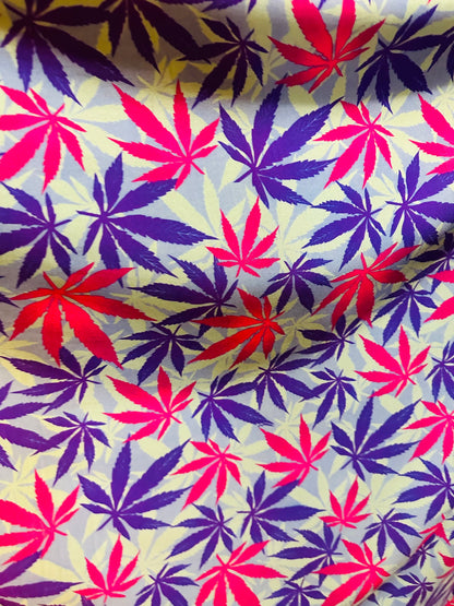 Marihuana Cannabis leaf design multicolor print on great quality of nylon spandex 4-way stretch 58-60”