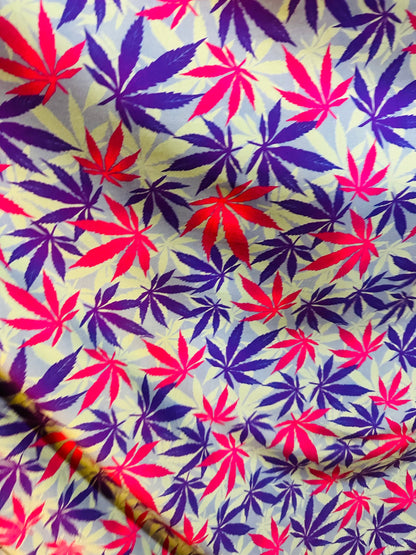 Marihuana Cannabis leaf design multicolor print on great quality of nylon spandex 4-way stretch 58-60”