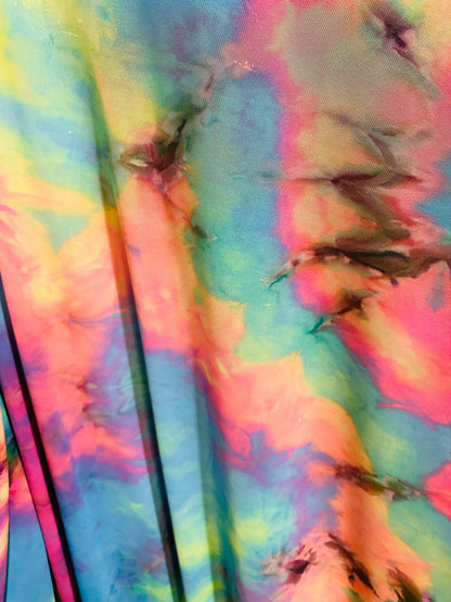 Tie dye multi pastel power mesh 4-way stretch 58/60” Sold by the YD.