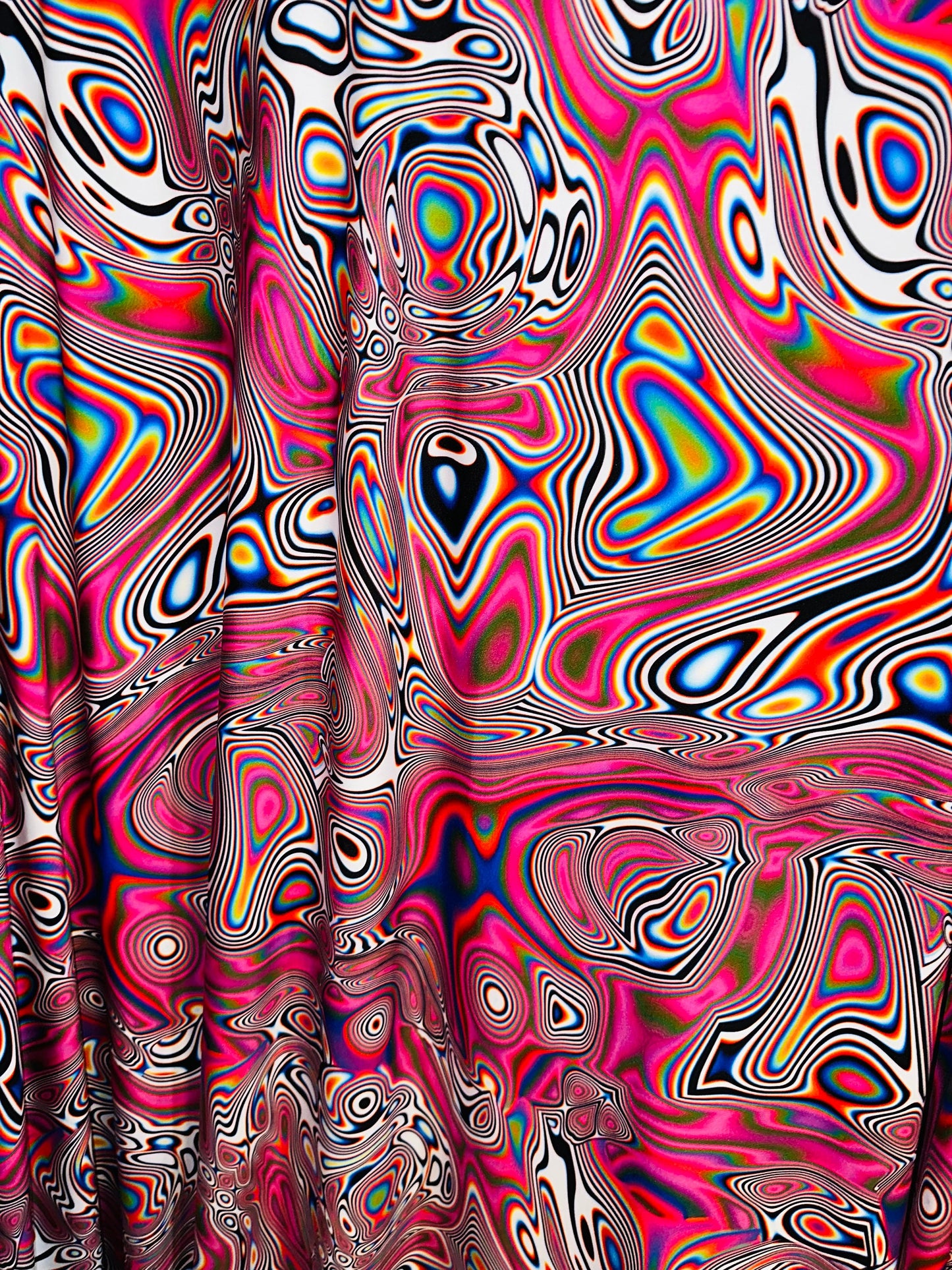 Spandex fabric Modern Lava design Pink multicolor print on great quality of nylon spandex 4-way stretch 58/60”