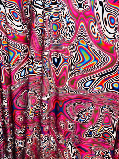 Spandex fabric Modern Lava design Pink multicolor print on great quality of nylon spandex 4-way stretch 58/60”