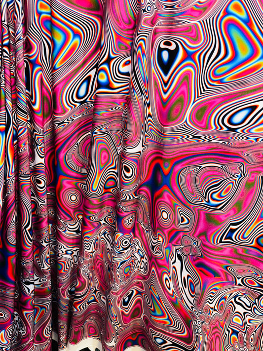 Spandex fabric Modern Lava design Pink multicolor print on great quality of nylon spandex 4-way stretch 58/60”