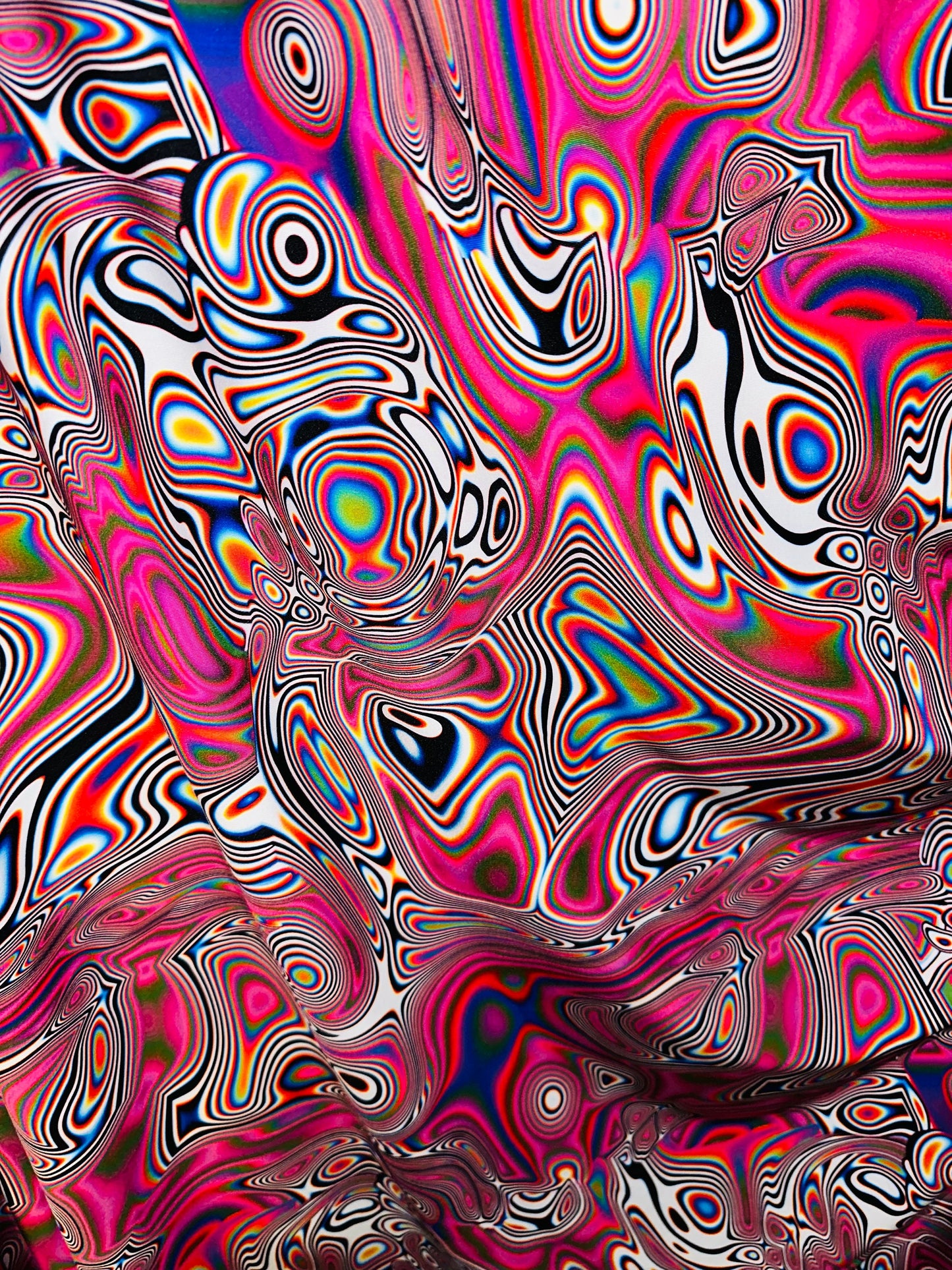 Spandex fabric Modern Lava design Pink multicolor print on great quality of nylon spandex 4-way stretch 58/60”