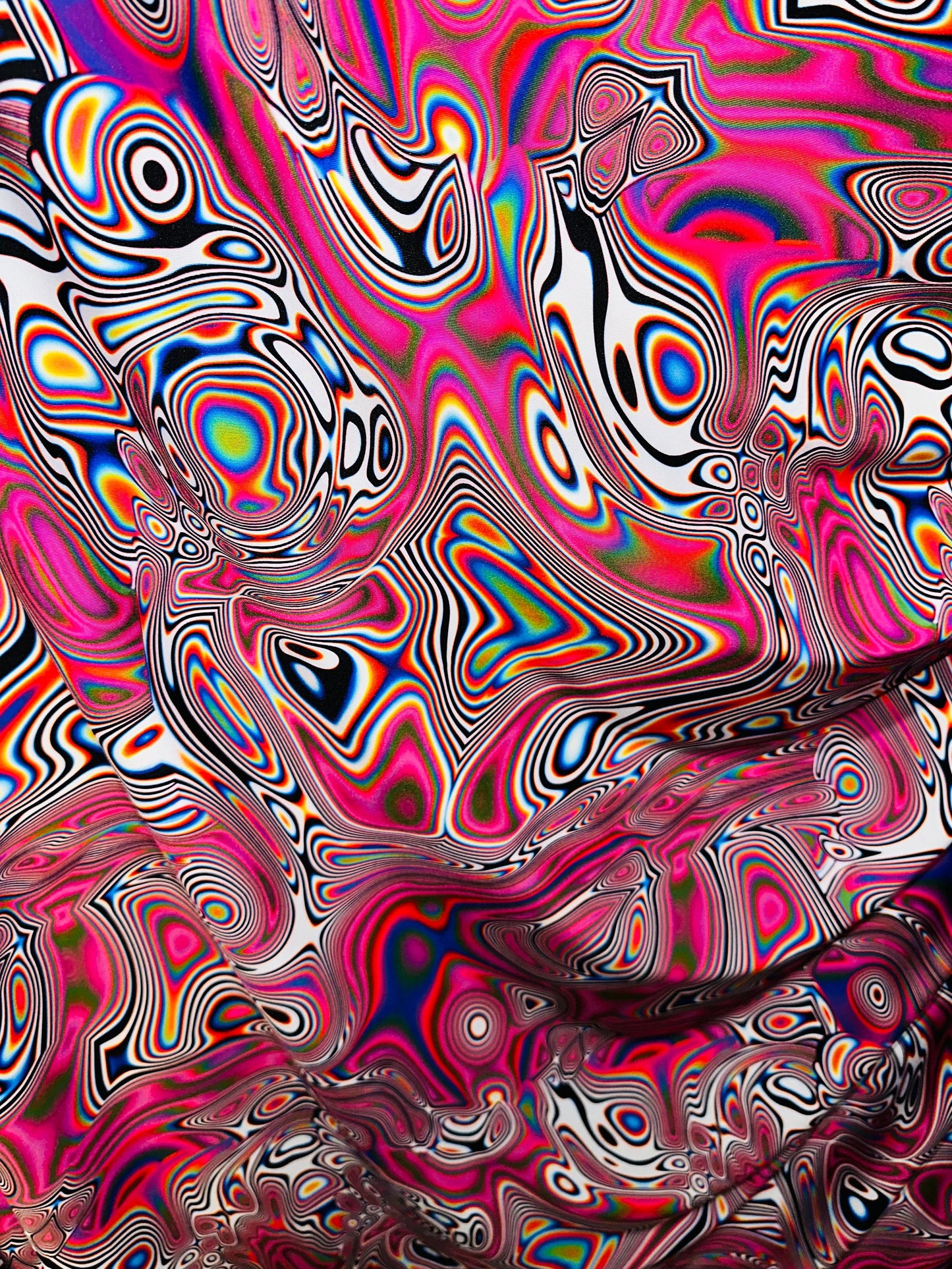 Spandex fabric Modern Lava design Pink multicolor print on great quality of nylon spandex 4-way stretch 58/60”