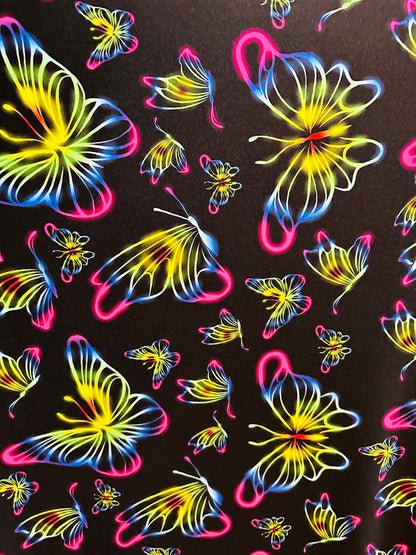 New Rainbow Butterfly design print on great quality of poly spandex 4-way stretch 58/60” Sold by the YD.