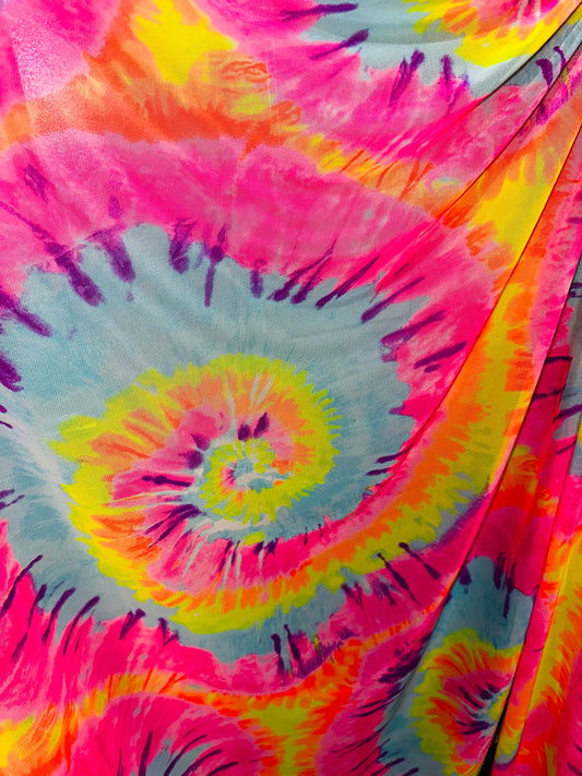New Tie dye abstract design print on power mesh 4-way stretch 58/60”