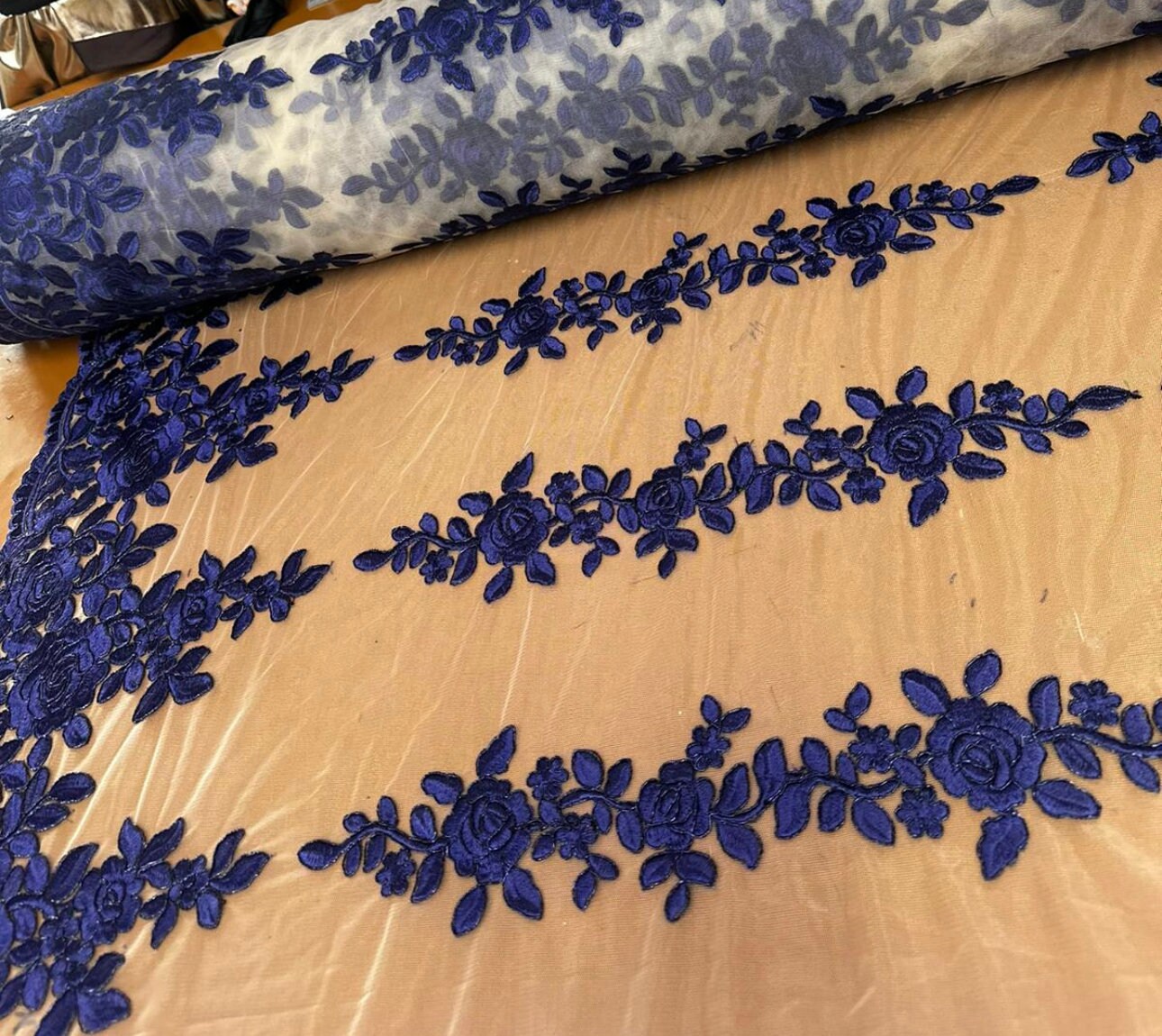 New Victoria embroidered lace Nude/Midnight Blue 2-way stretch 42/44” Sold by the YD. High quality fabrics by AlexLAFabrics