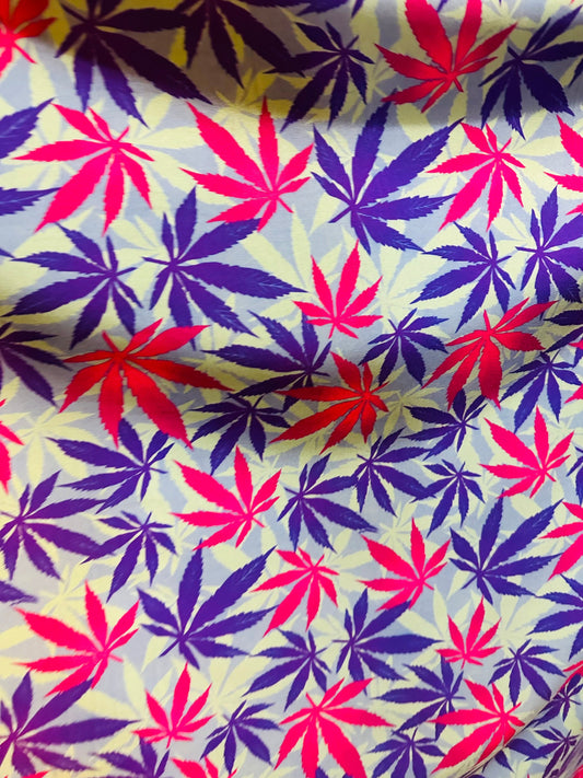 Marihuana Cannabis leaf design multicolor print on great quality of nylon spandex 4-way stretch 58-60”