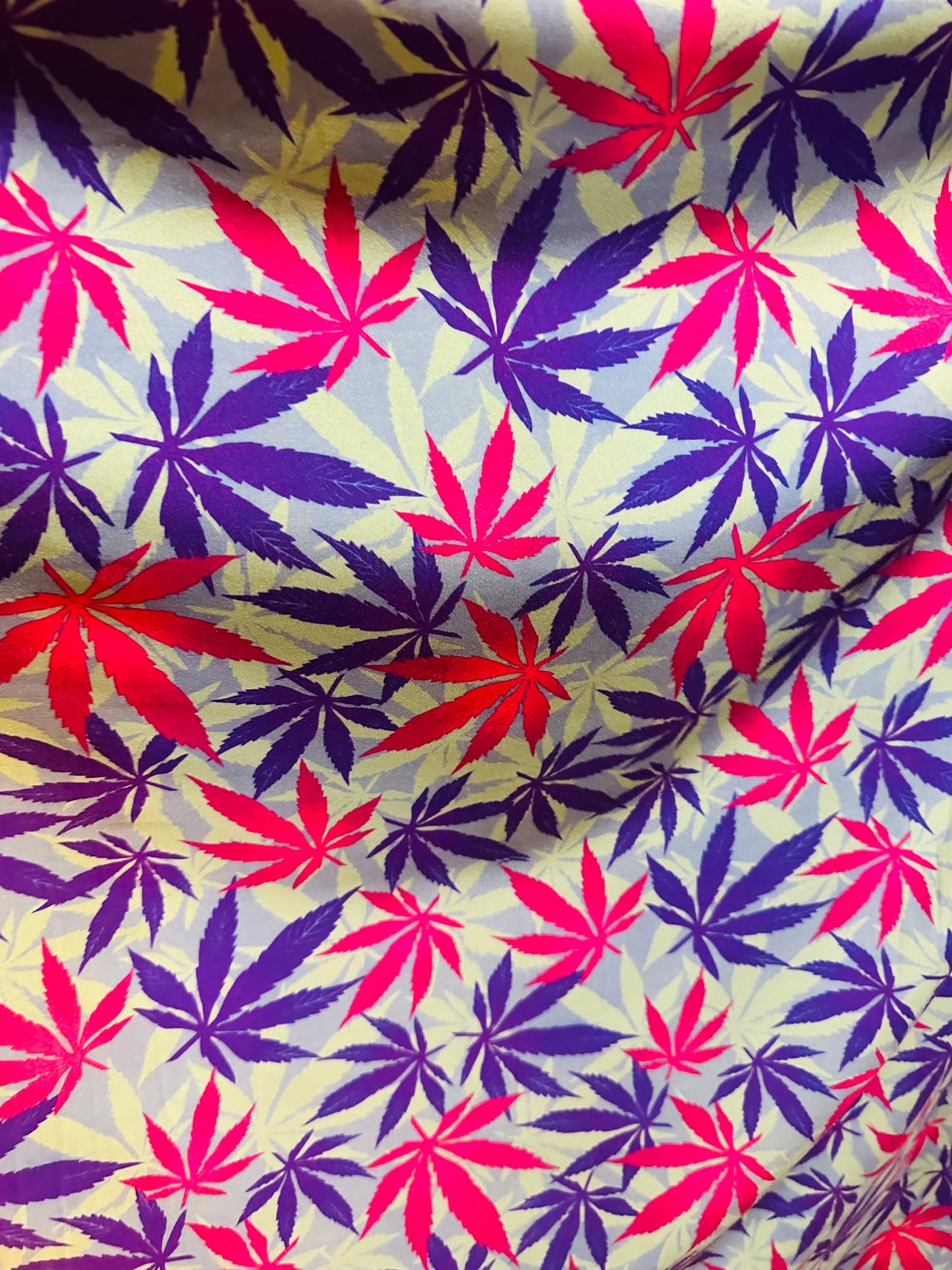 Marihuana Cannabis leaf design multicolor print on great quality of nylon spandex 4-way stretch 58-60”
