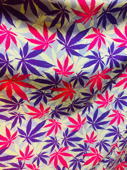 Marihuana Cannabis leaf design multicolor print on great quality of nylon spandex 4-way stretch 58-60”