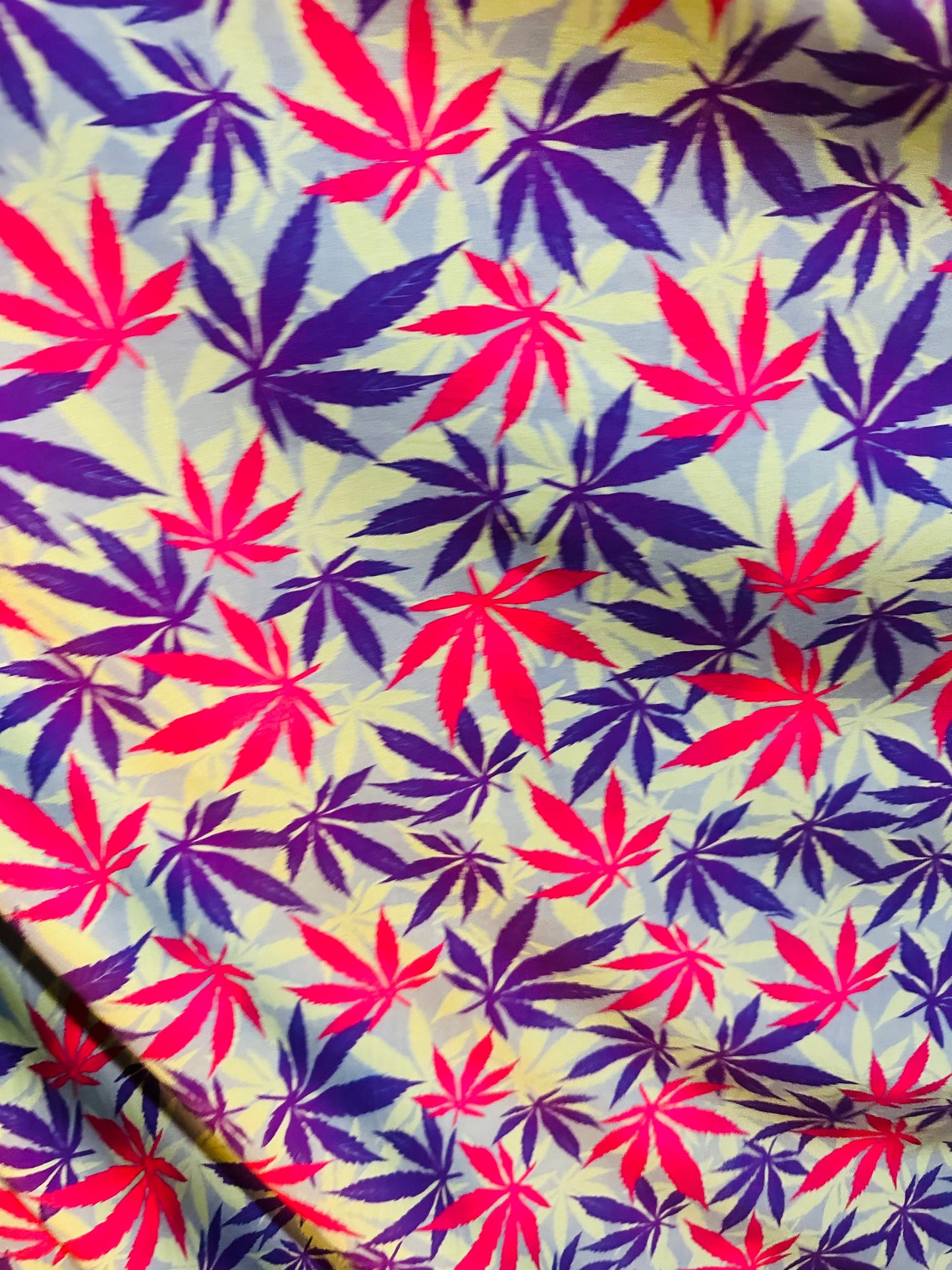 Marihuana Cannabis leaf design multicolor print on great quality of nylon spandex 4-way stretch 58-60”
