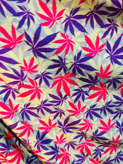 Marihuana Cannabis leaf design multicolor print on great quality of nylon spandex 4-way stretch 58-60”