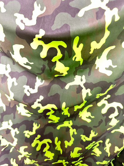 Neon green camouflage design luxury nylon spandex 4-way stretch 58/60”